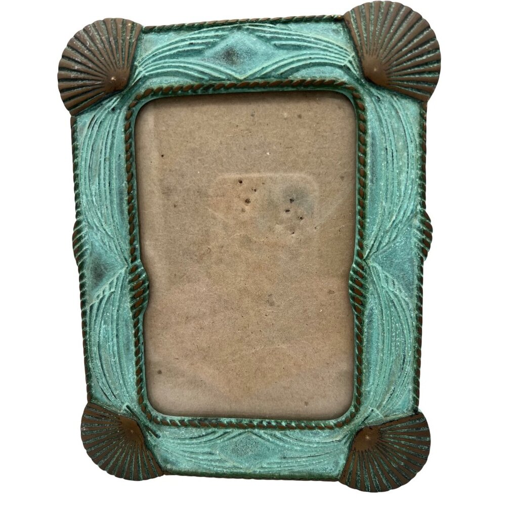 Brass Picture Frame Shell-Themed Verdigris Finish Coastal Beach Nautical 3x4 - Picture 2 of 5